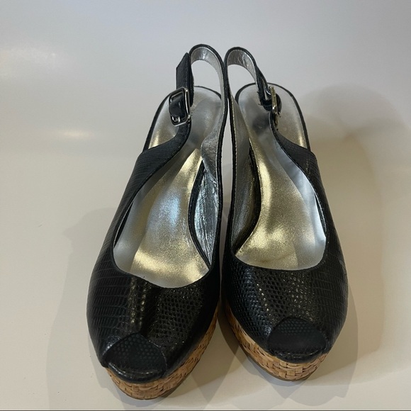 Banana Republic Black Croc Ankle Strap Open Toe Slingback Wedge Shoes 6.5 - Picture 3 of 6